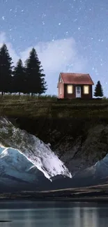 Floating island with cabin and trees under a starry sky.