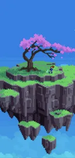 Pixel art of a floating island with tree above a blue sky.