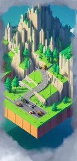 Isometric floating island with road and mountains.