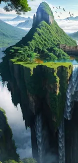 Floating island with waterfalls and lush greenery in a mystical landscape.