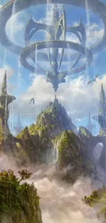 Fantasy landscape with floating islands and sky castles.