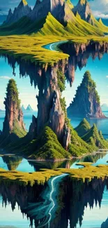 Fantasy wallpaper of floating islands with rivers and mountains.