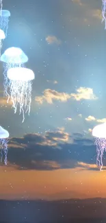 Floating jellyfish with glowing tentacles in a vibrant sunset sky and clouds.