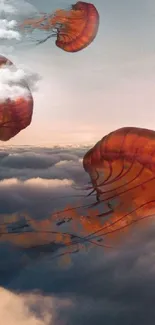 Red jellyfish float dreamily above clouds in a surreal mobile wallpaper scene.