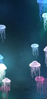 Floating jellyfish glowing against a deep teal ocean background.