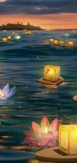 Floating lanterns and lotus flowers on a sunset ocean scene.