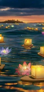 Floating lanterns and lotus flowers on water during a tranquil night.