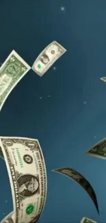 Floating dollar bills on a dark blue cosmic background.