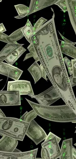 Floating green dollar bills on a dark background with digital numbers.