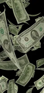 Floating dollar bills on dark background wallpaper.