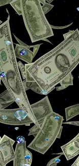 Wallpaper featuring floating dollar bills on a black background.