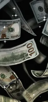 Floating US dollar bills on dark background wallpaper.