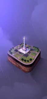 Floating island with a monument amidst purple clouds, creating a tranquil scene.