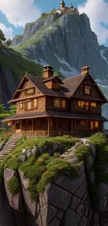 A floating cottage on a rocky cliff in a fantasy mountain setting.