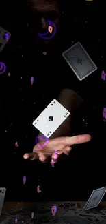 Magic playing cards float mid-air in a dark, mystical setting.