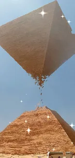 Surreal artwork of floating pyramid with desert backdrop.