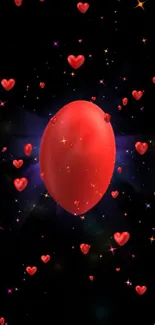 Floating red hearts mobile wallpaper against a starry night backdrop.