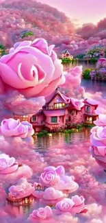 Fantasy wallpaper with pink roses and dreamy landscape.