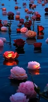 Floating pink and red roses on calm water.