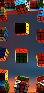 Floating colorful Rubik's cubes against gradient background.
