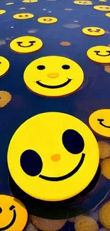 Floating yellow smiley faces on blue water.