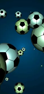 Soccer balls floating on blue background.