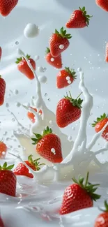 Floating strawberries in a dramatic milk splash.