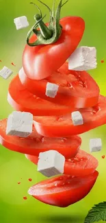 3D floating tomato with cheese cubes on green background.