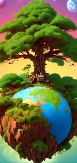 Floating Earth with a tree and colorful sky wallpaper.