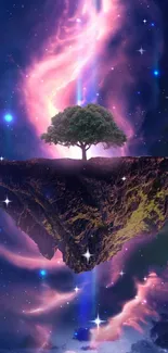 Fantasy floating island with tree in cosmic backdrop.