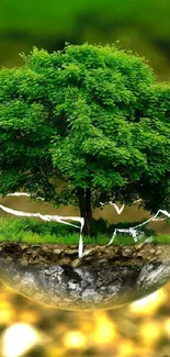 Floating green tree in surreal nature scene.