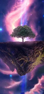 Floating island with tree and cosmic galaxy background.