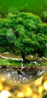 Floating tree inside bubble against a green abstract background.