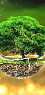 Floating tree in a glass globe with a golden background.