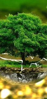 Floating tree with green foliage on a lush background.