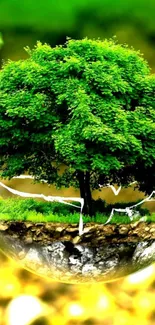 Floating tree with lush green foliage on a vibrant background.