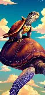 Two turtles floating against a vibrant sky in artistic style wallpaper.