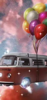 A van lifted by balloons floats in a dreamy sky.