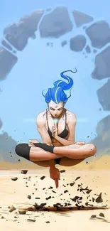 Floating woman with blue hair surrounded by stones in a mystical scene.