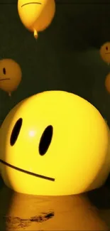 Floating yellow emoji balloons in a dark atmosphere.