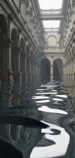 Flooded corridor with historic architecture and reflective waters.