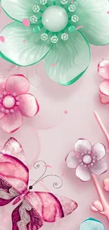 Floral and butterfly mobile wallpaper with pastel hues.