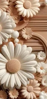 3D daisy floral mobile wallpaper in beige and white tones.