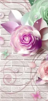 3D floral design with roses and butterflies on white brick background.