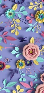 3D floral wallpaper with lavender background and colorful flowers.