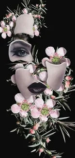 Surreal face with flowers on dark background.