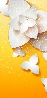 Floral abstract wallpaper with white paper flowers on orange gradient.