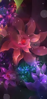 Artistic floral abstract wallpaper with vibrant petals and light effects.