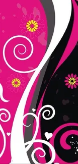 Pink and black abstract floral wallpaper with swirls and flowers.