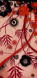 Abstract floral wallpaper in red and black with intricate patterns.